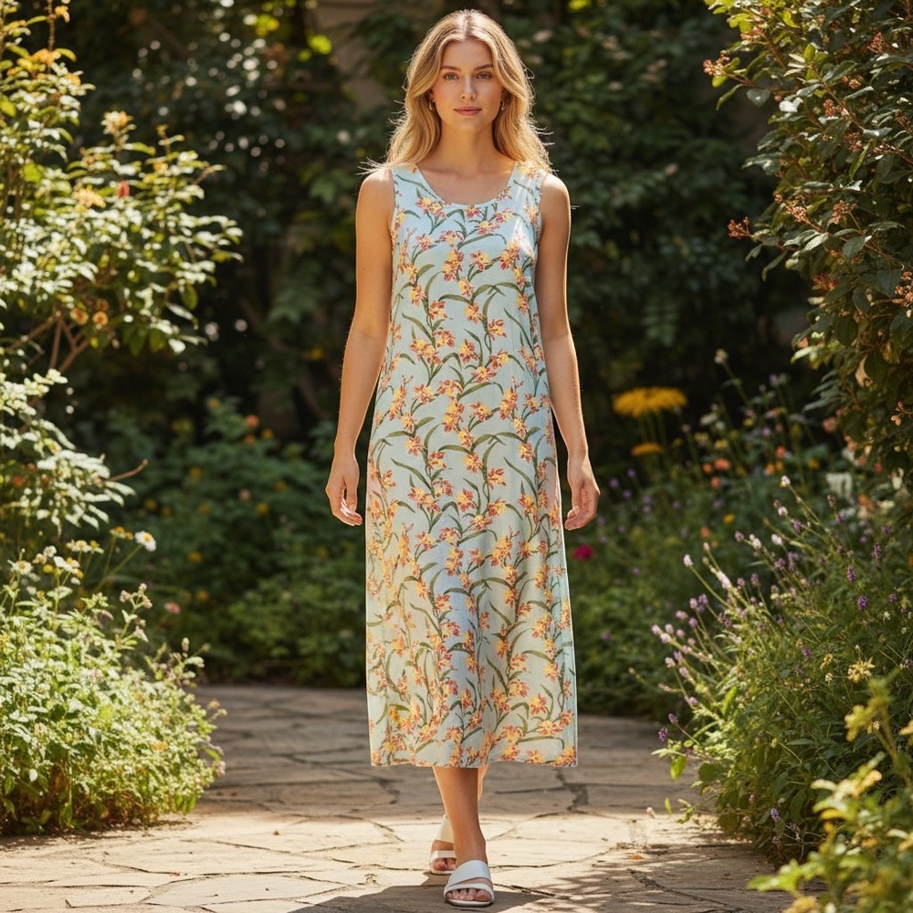 Island Waves Silk Maxi Dress Womens L Blue Floral Tropical Sleeveless Hawaiian